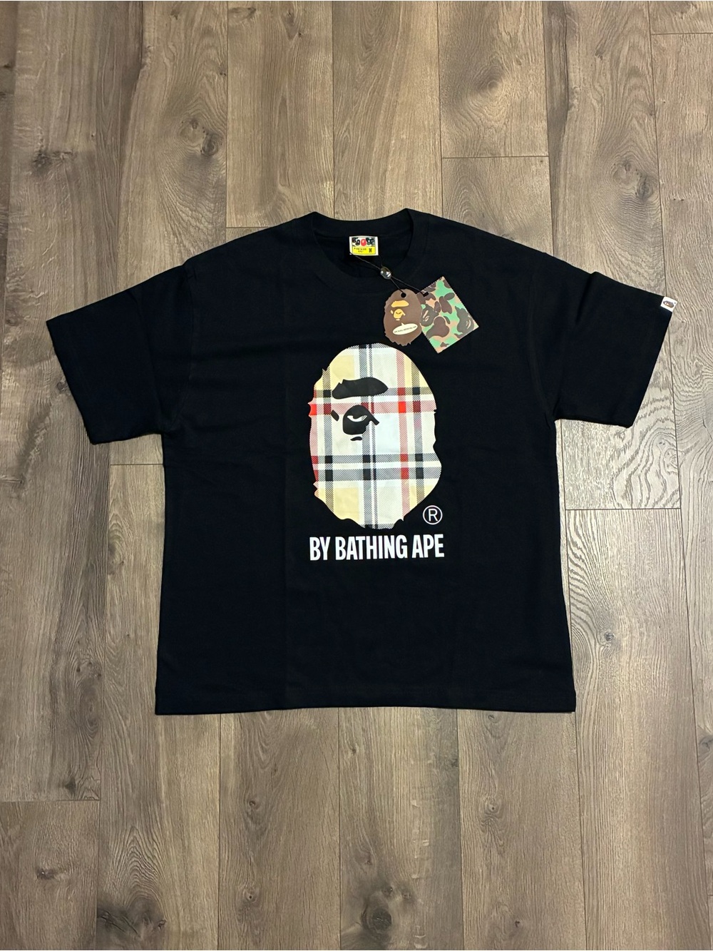 BAPE Burberry Black Short Sleeve Tee with Plaid Ape Head Logo